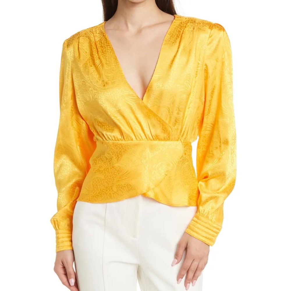 NWT Ronny Kobo gold v-neck long sleeve ruffle cinched wrap blouse